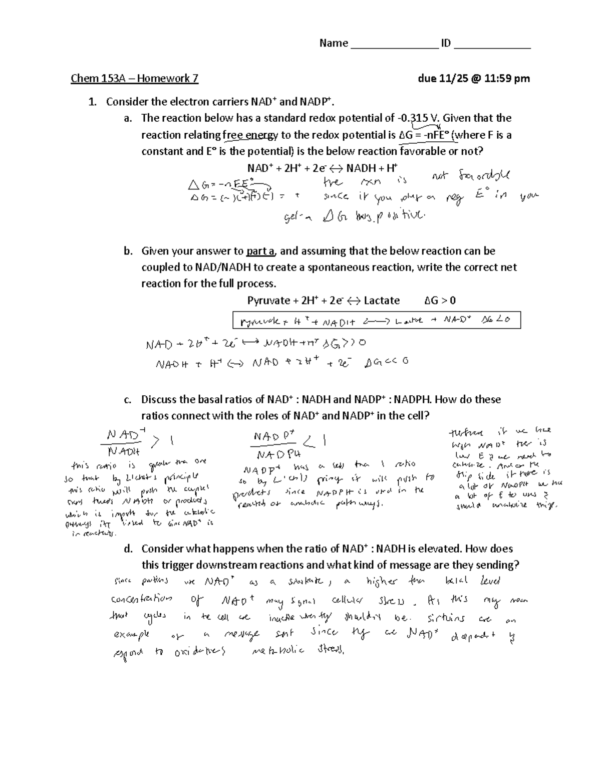 Biochem 153A Homework 7: Redox Reactions & Enzyme Kinetics Analysis ...