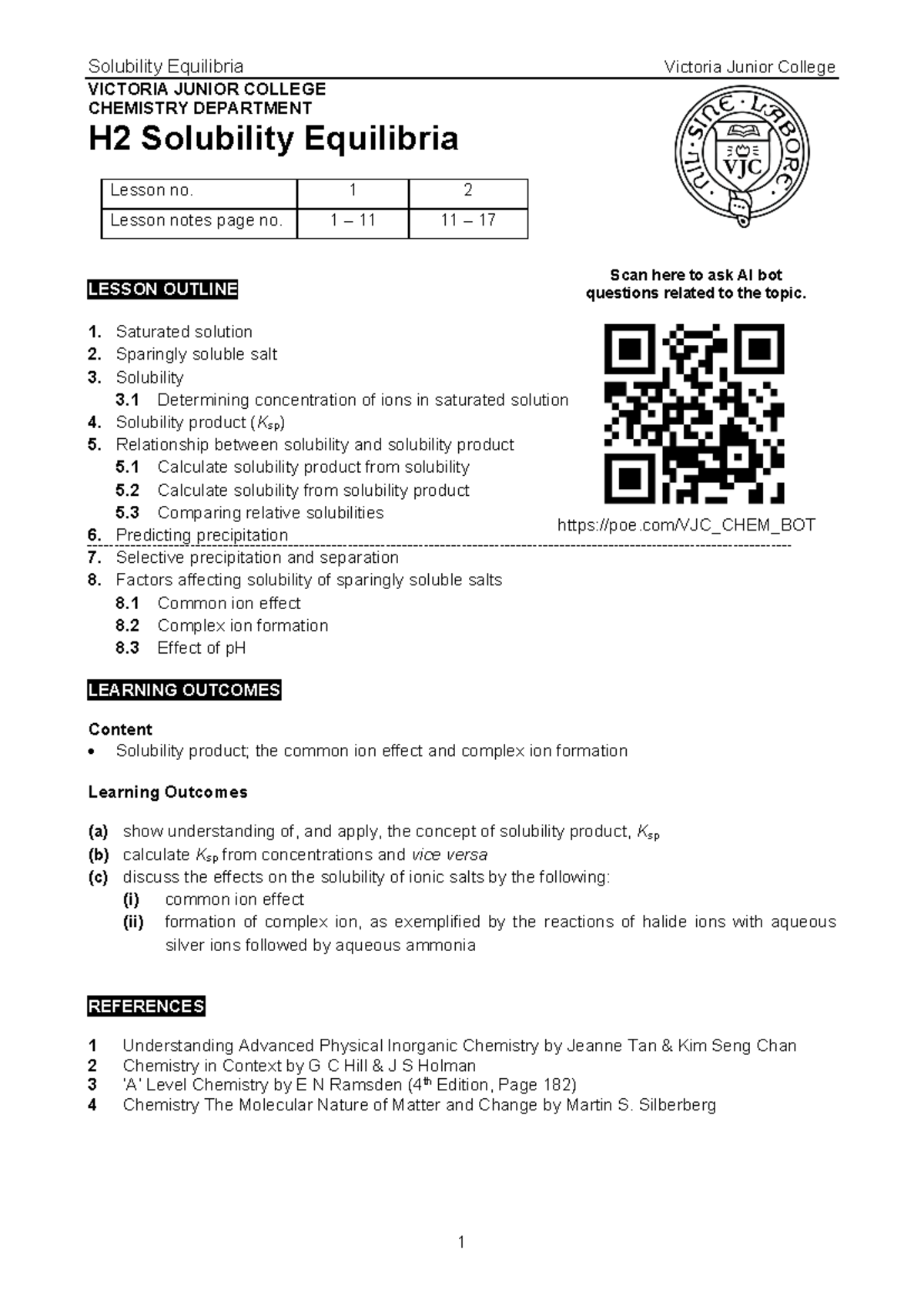 H2 Solubility Equilibria Lesson Notes - Studocu