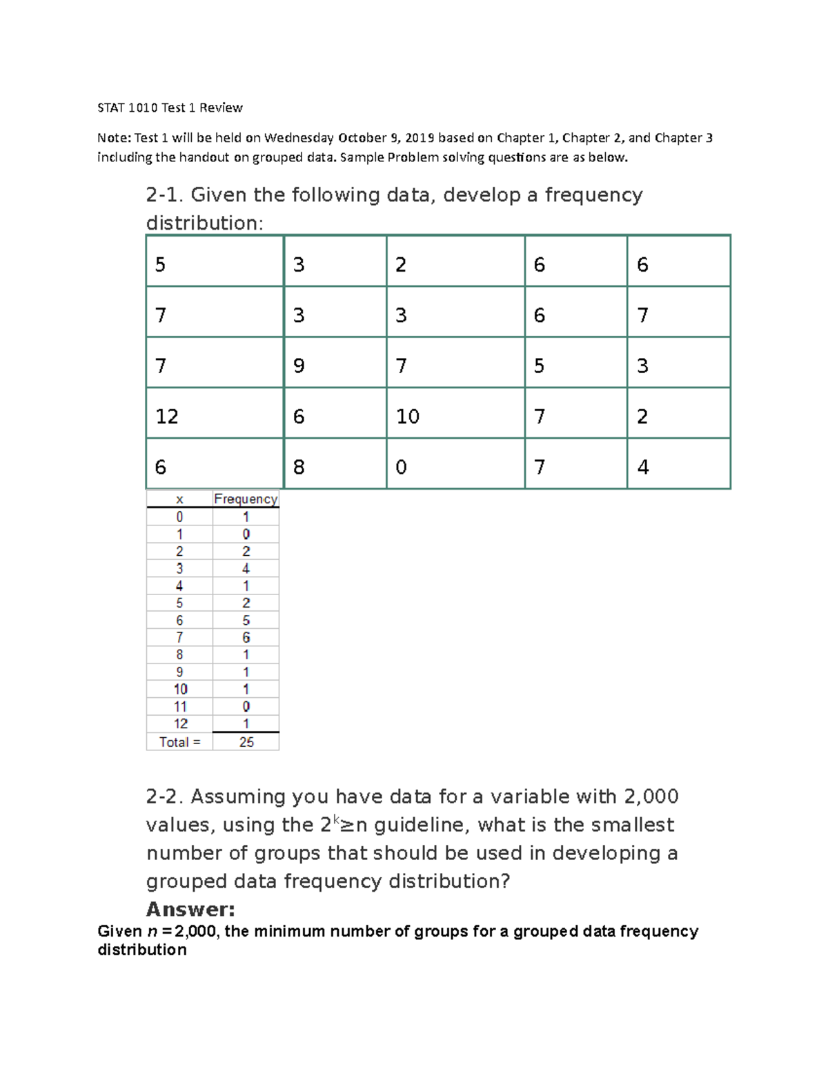 STAT 1010 Test 1 Review: Key Concepts and Problem Solving Techniques ...
