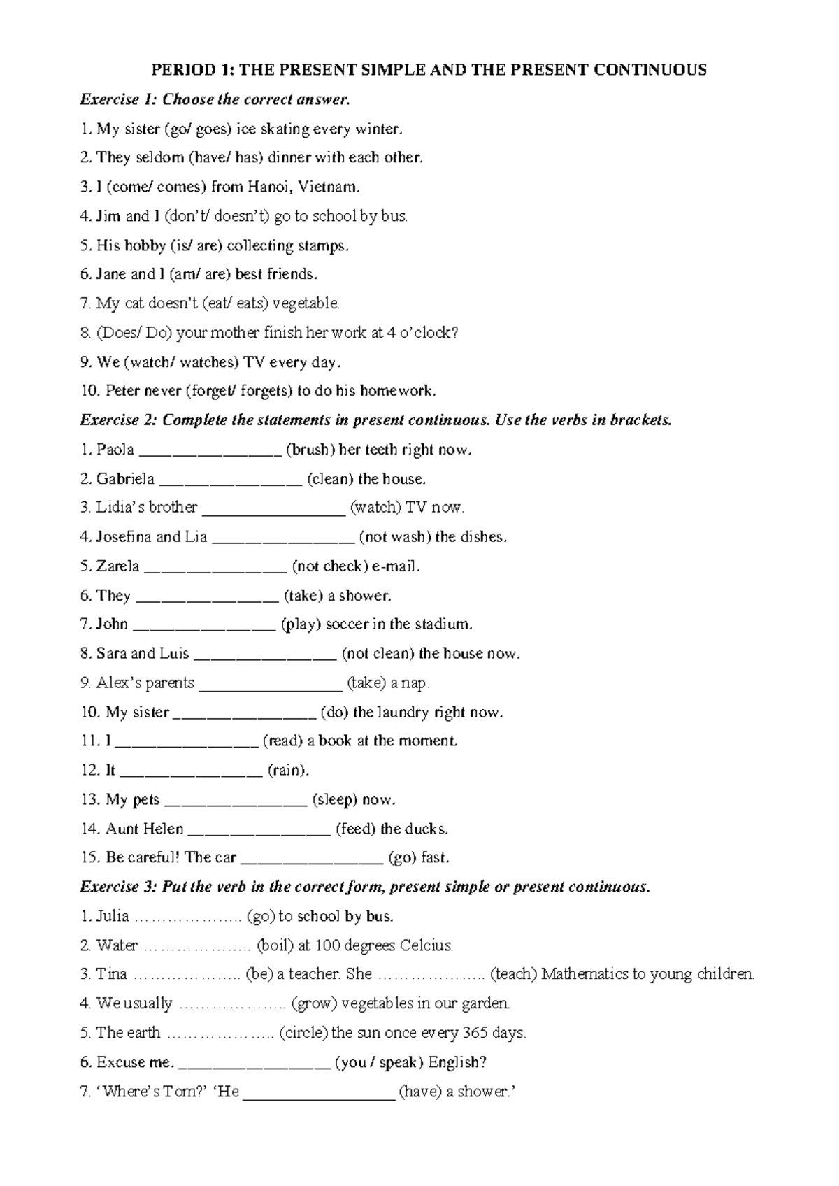 Period 1 - Present Simple vs Present Continuous Exercises - Studocu