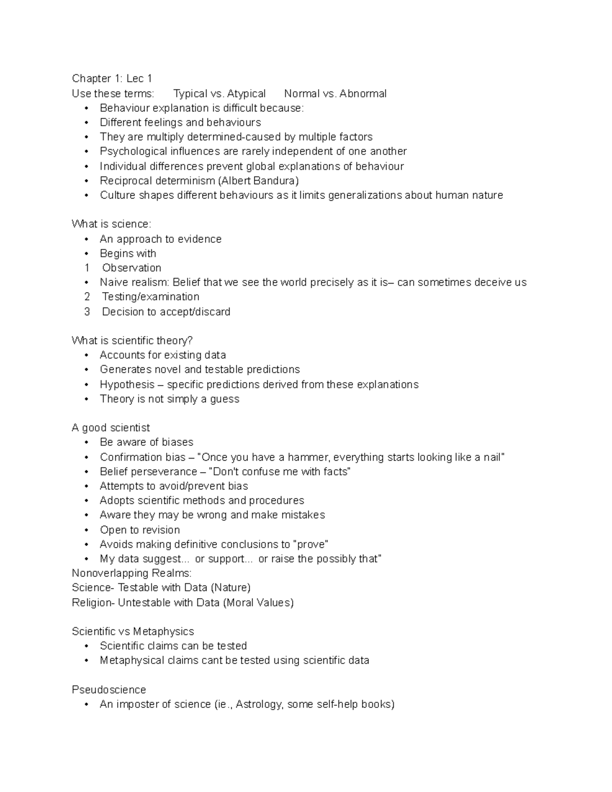 Chapter 1: PSY102 lecture notes on typical vs. atypical behaviour and ...
