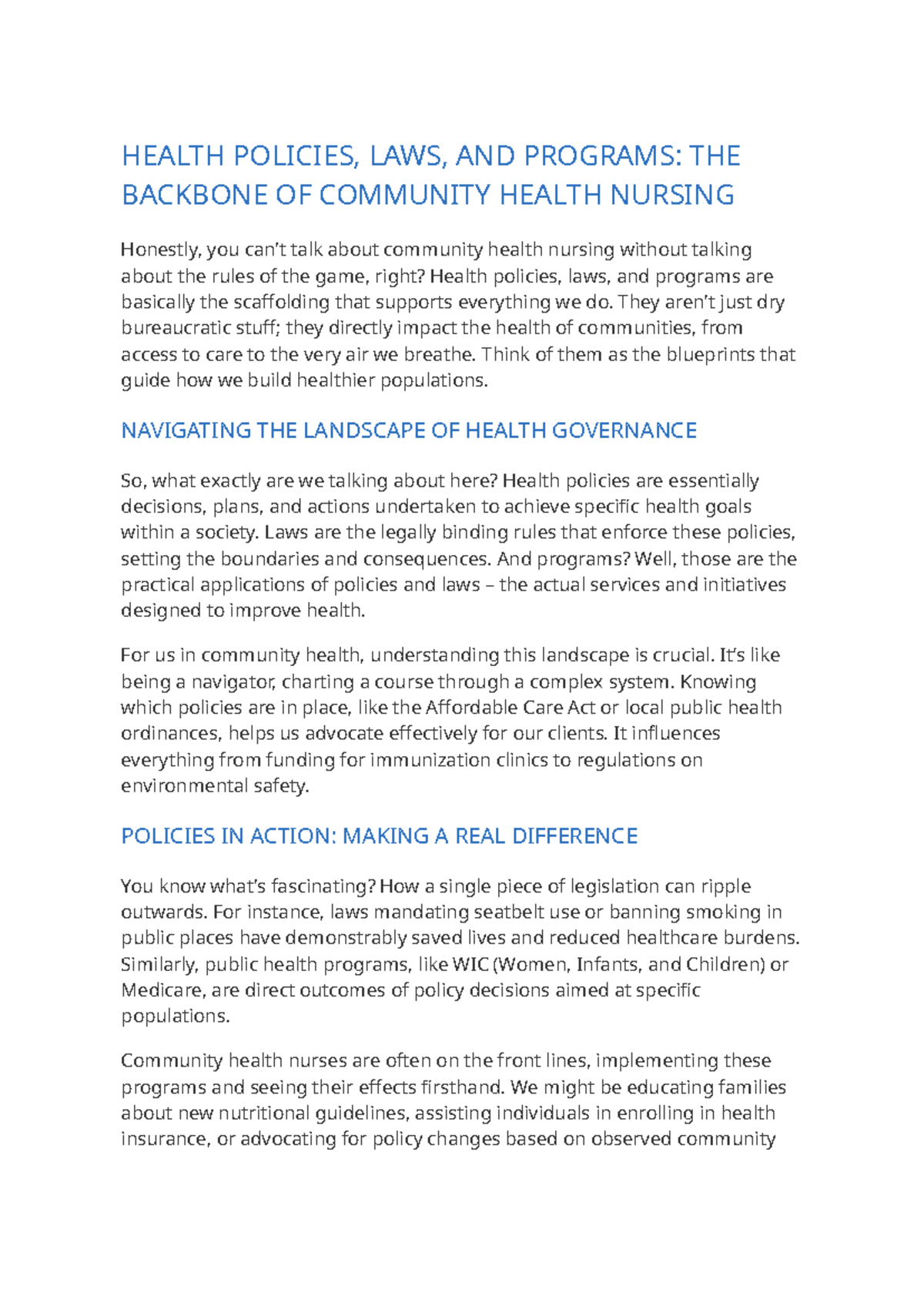 HEALTH POLICIES & LAWS IN COMMUNITY NURSING: A GUIDE - Studocu