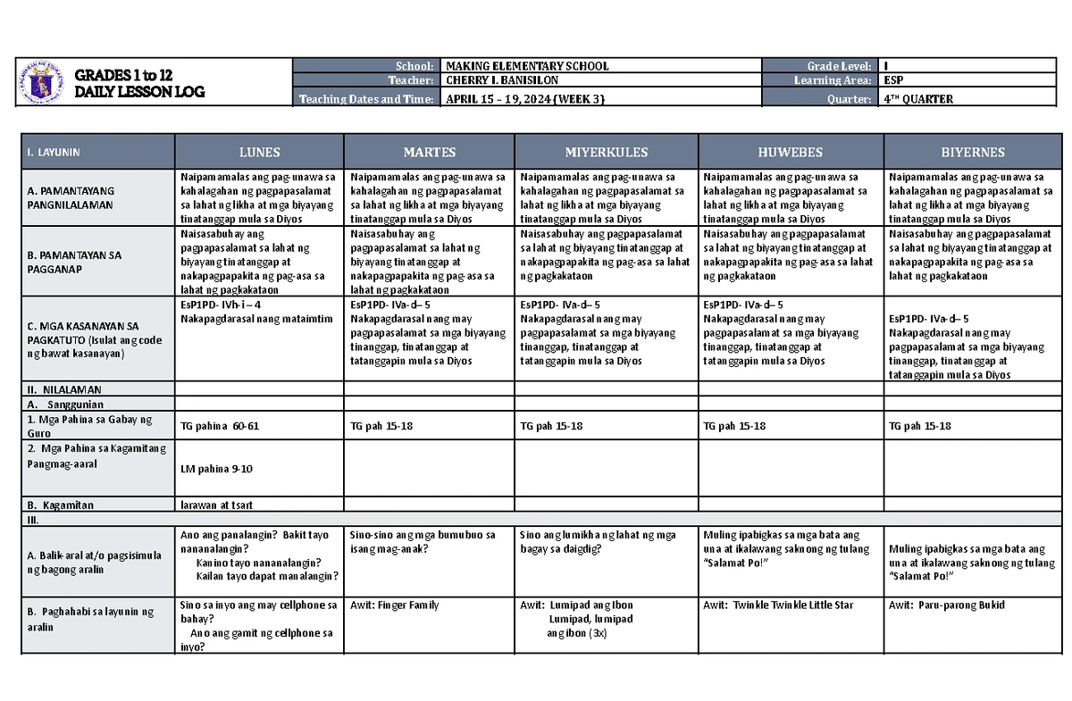 DLL ESP 1 Q4 W2: Daily Lesson Log for Grade 1 - Teaching Gratitude ...