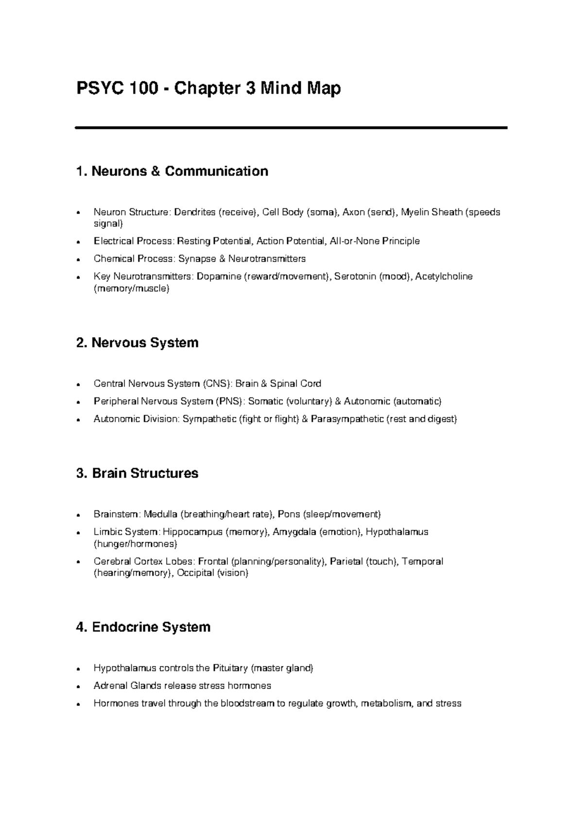 PSYC 100 Chapter 3 Mind Map: Neurons & Nervous System Overview - Studocu