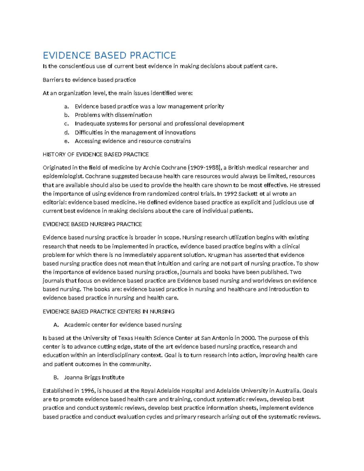 Evidence Based Practice in Nursing: Barriers and Models for ...