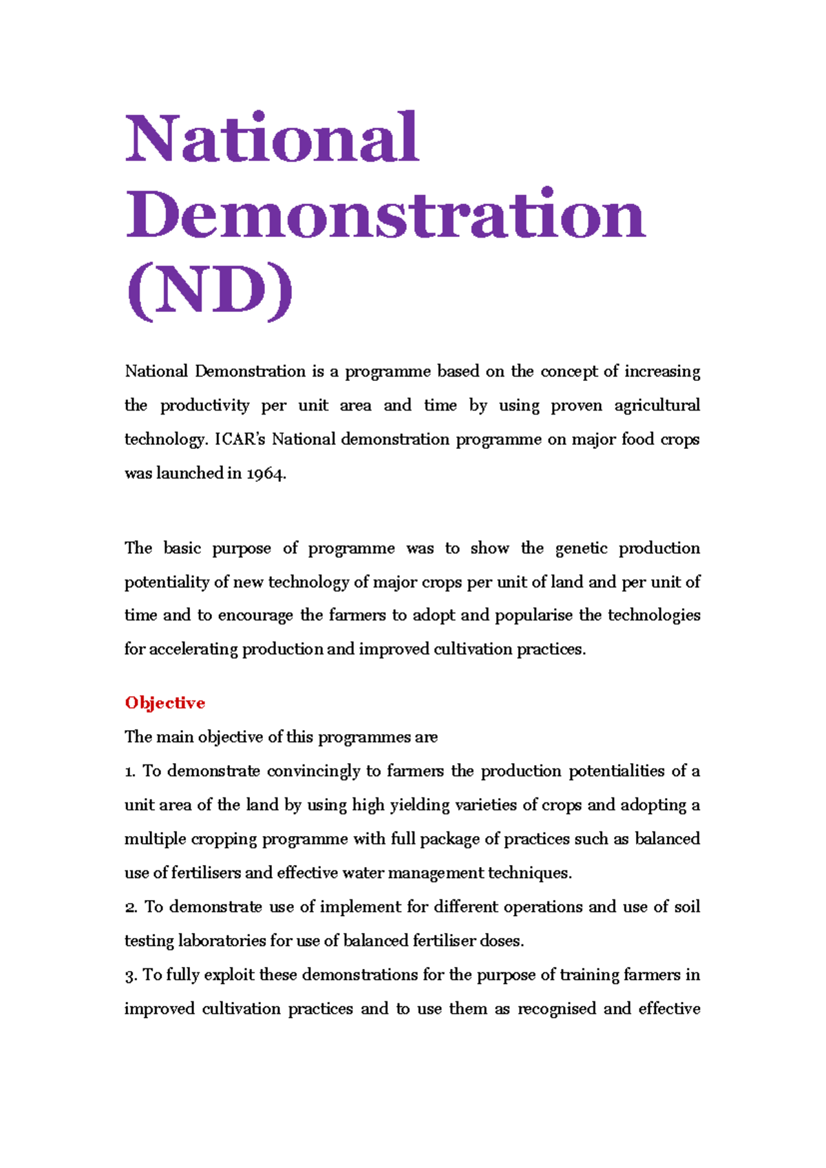 National Demonstration Program (NDP): Enhancing Agricultural ...