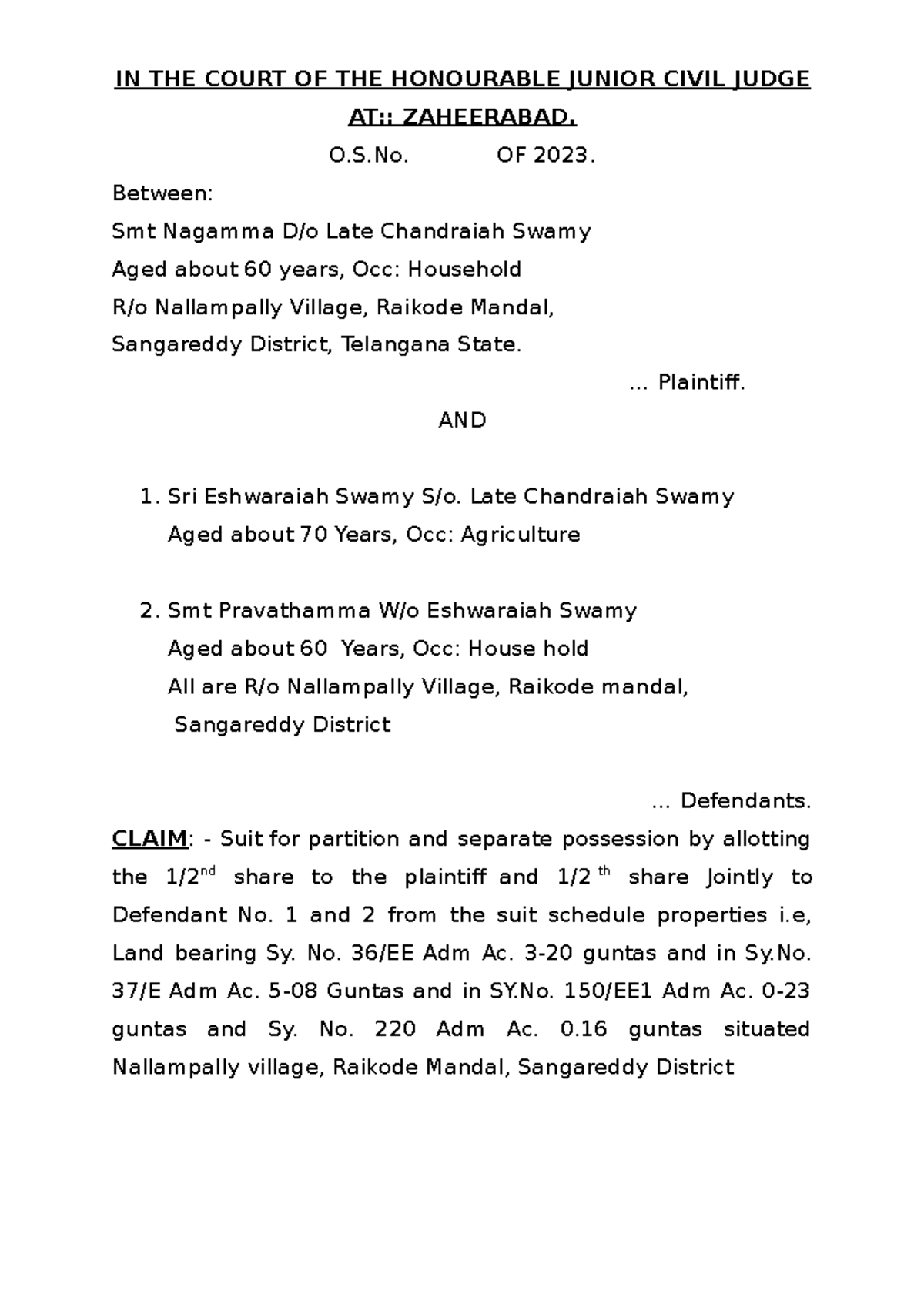 Suit - suit for partition - IN THE COURT OF THE HONOURABLE JUNIOR CIVIL ...