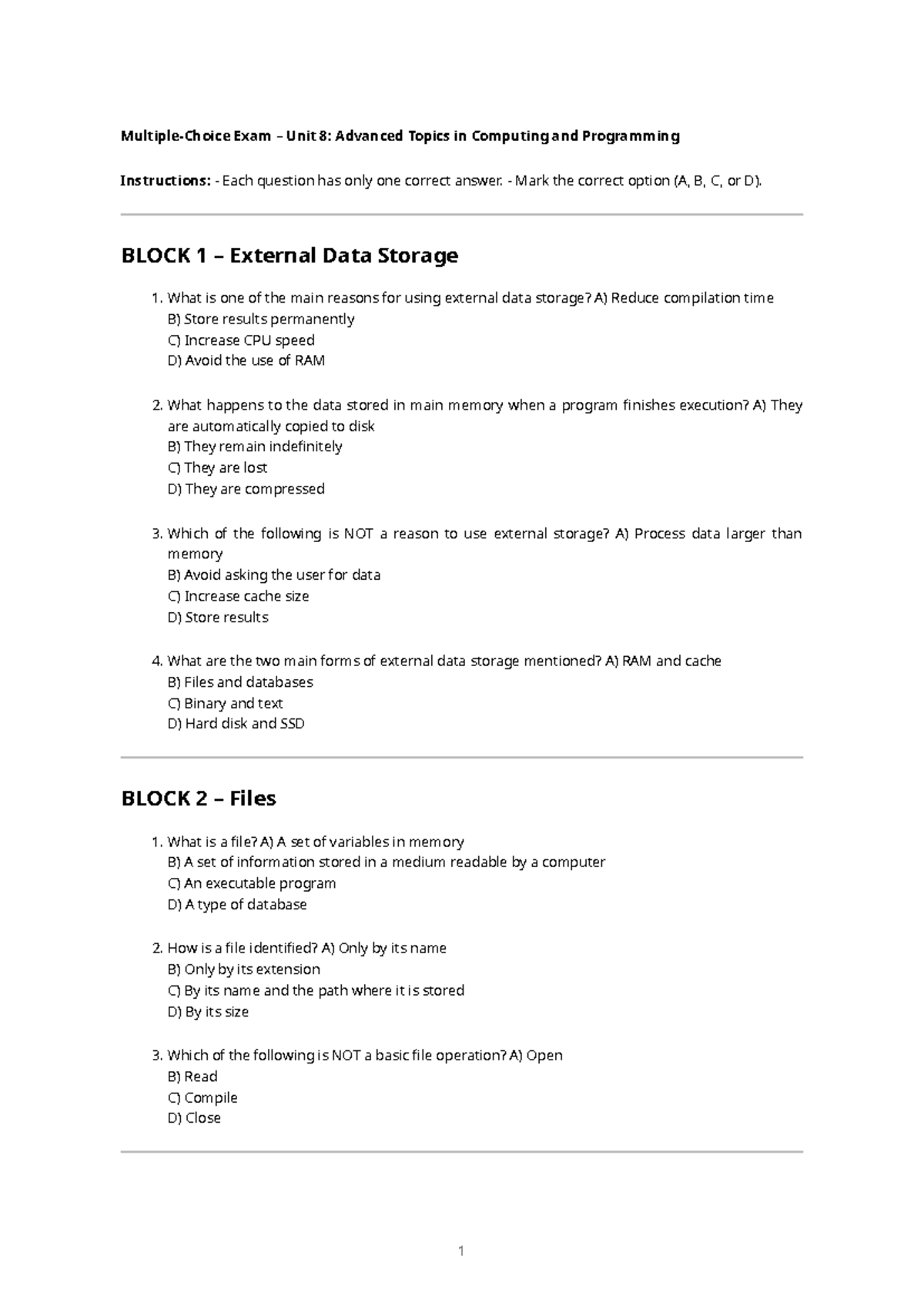 Exam Unit 8: Advanced Topics in Computing and Programming Test Practice ...