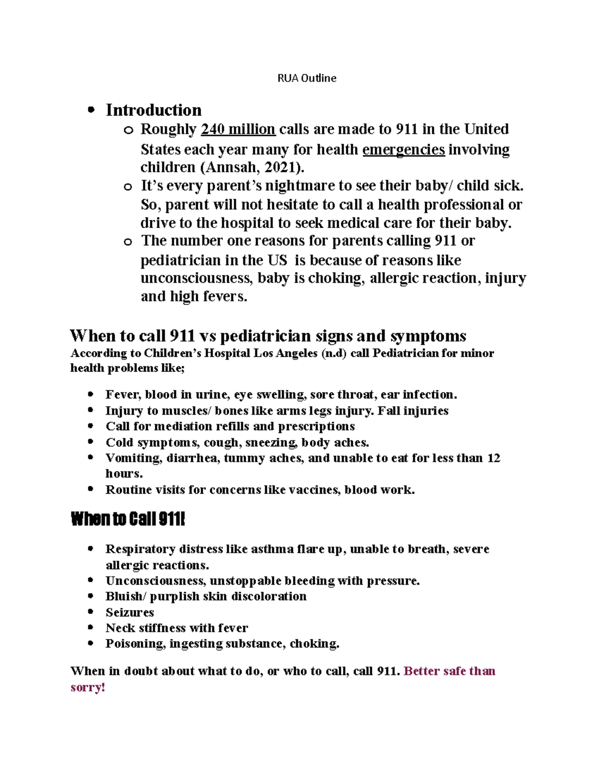 RUA Outline for Emergency Calls: 911 vs Pediatric Care - Studocu