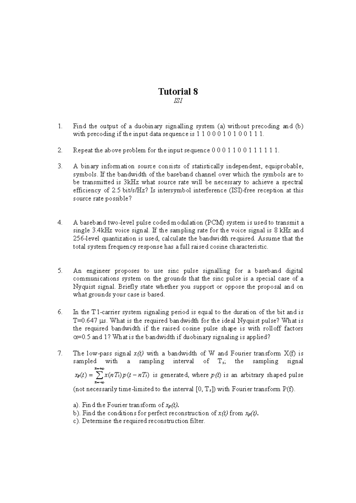 Tutorial 8 Solutions for ISI in Digital Communication Systems - Studocu