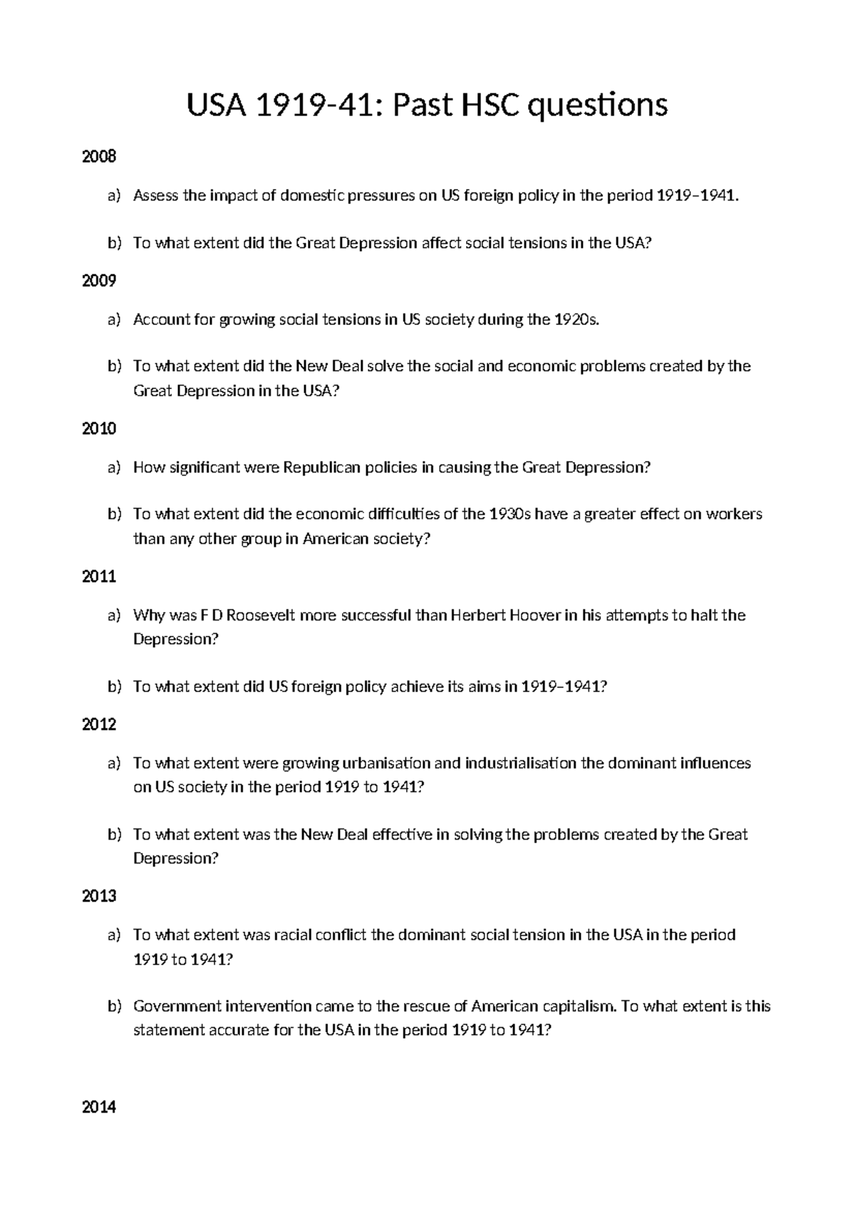 HSC Past Exam Questions: US Society & Foreign Policy (2008-2020) - Studocu