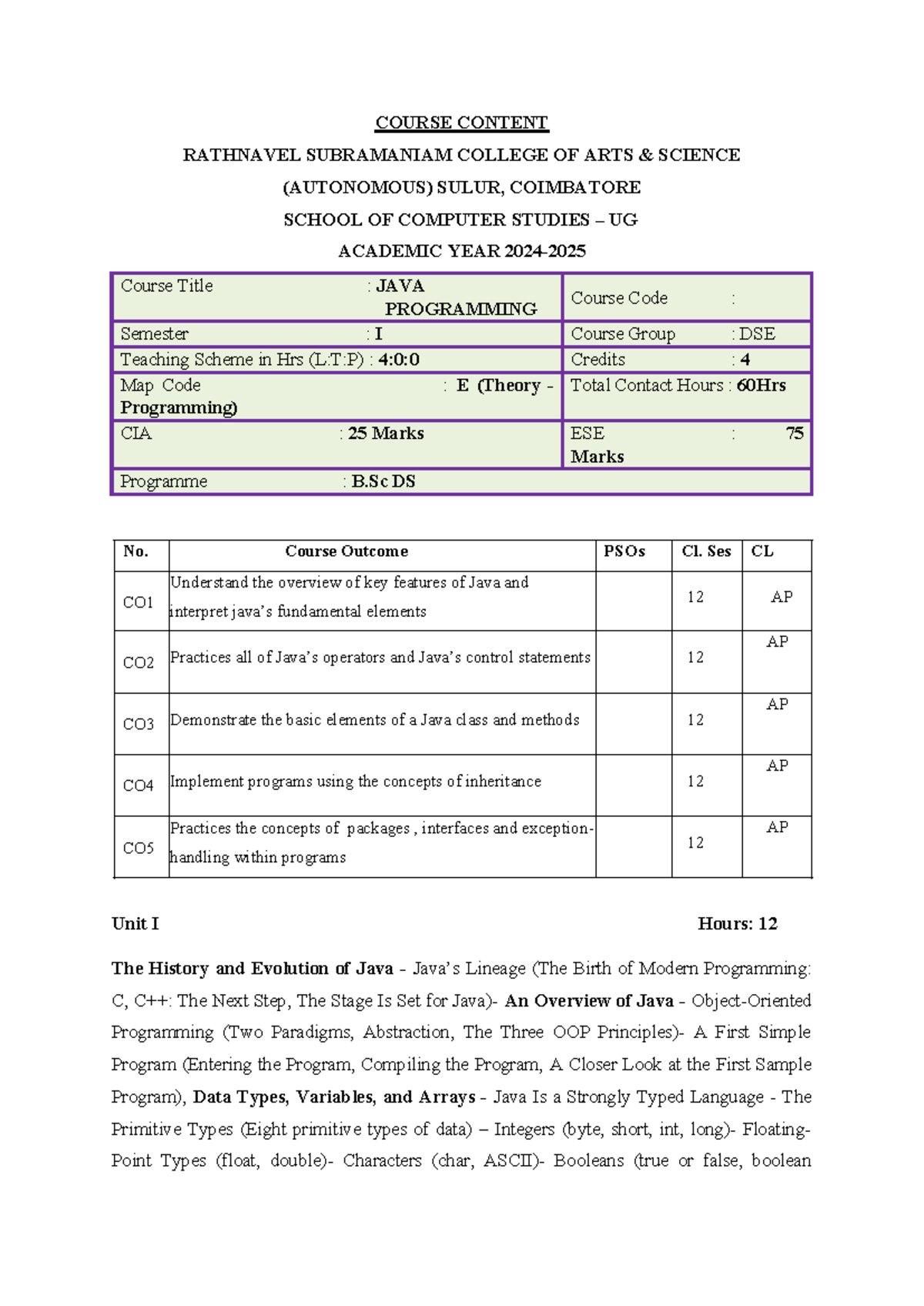 B.Sc DS JAVA PROGRAMMING Syllabus & Course Content for 2024-25 - Studocu