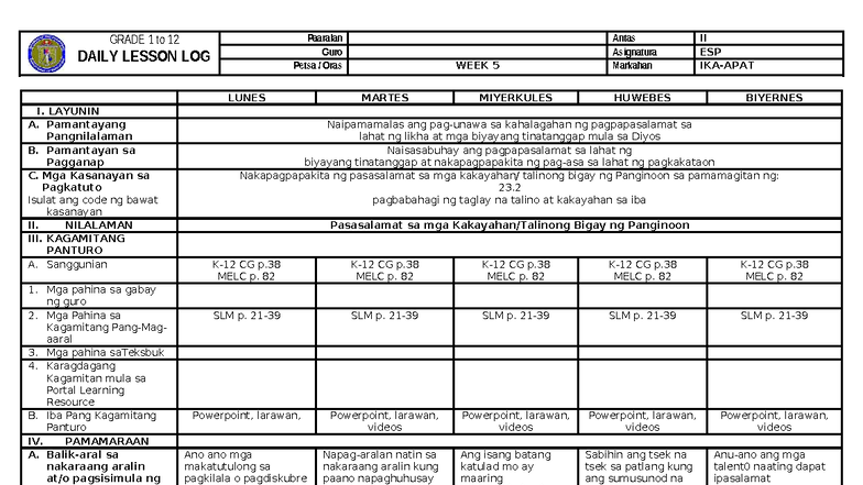 Q4 ESP WEEK 5 - Daily Lesson Log for Grade 2 - Studocu