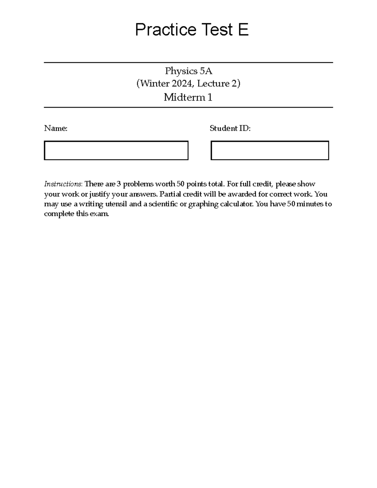 5A Midterm 1 Practice Test E - Physics (Winter 2024, Lecture 2) - Studocu