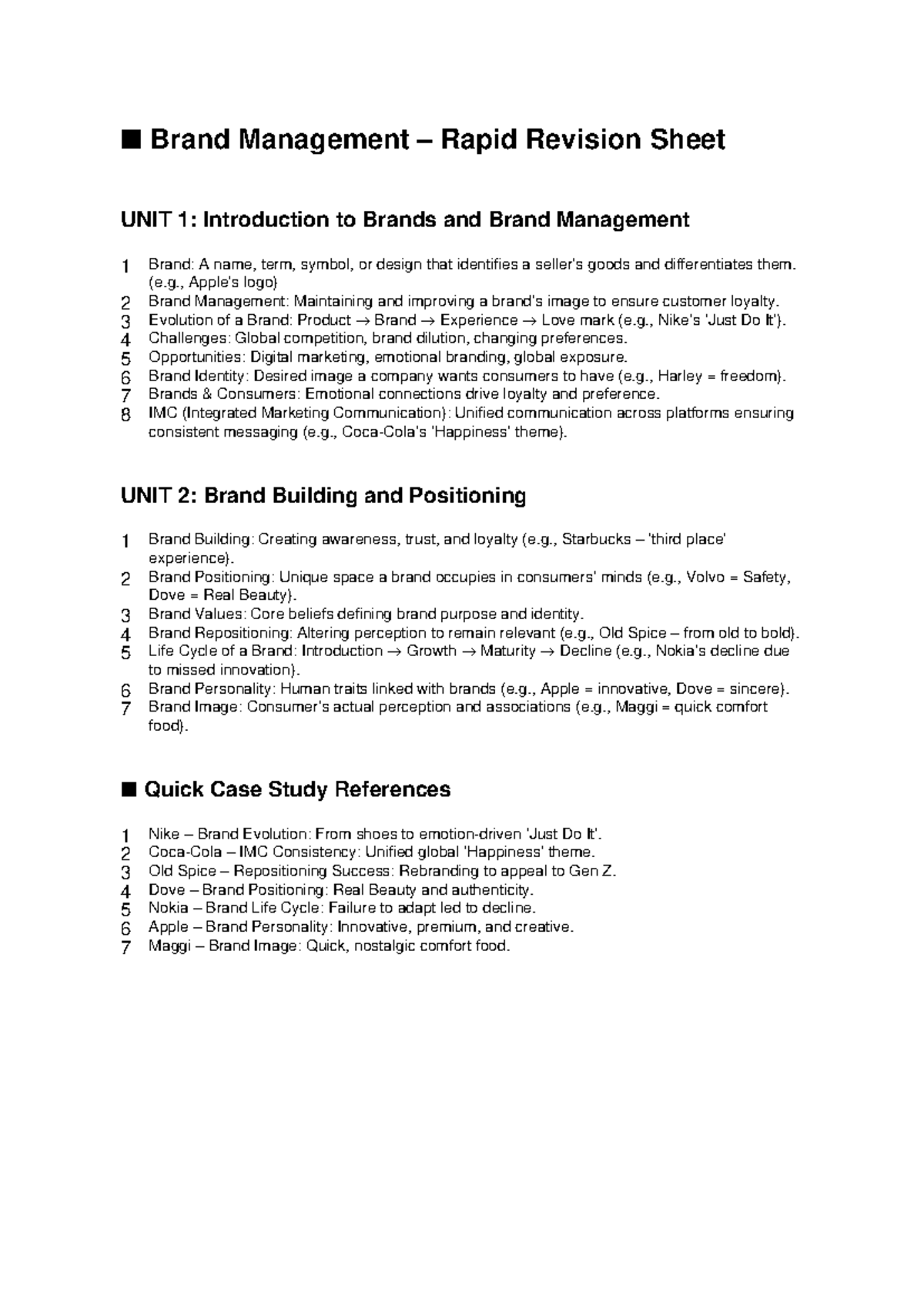 Brand Management Revision Notes: UNIT 1 & 2 Overview - Studocu