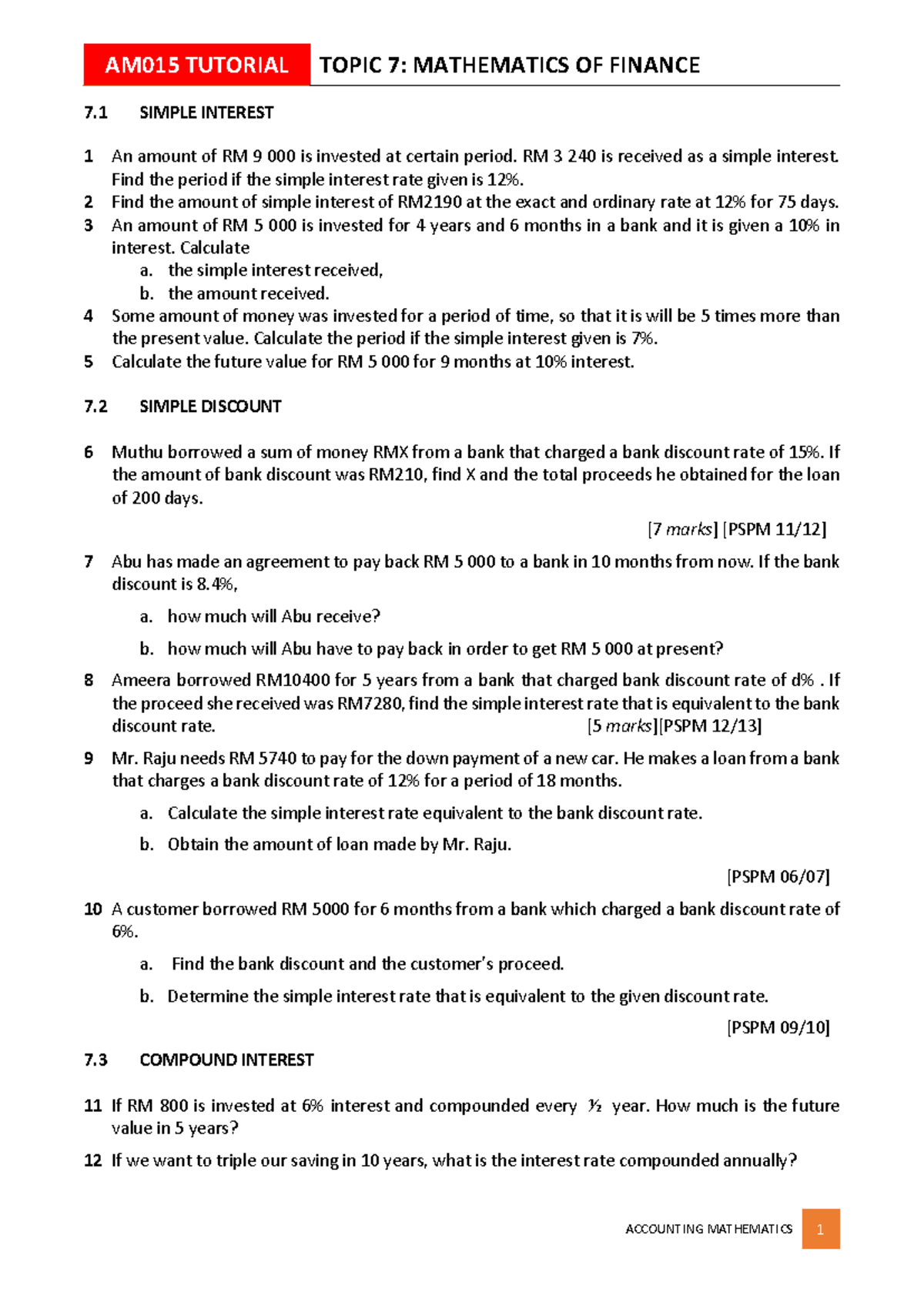 Topic 7 - note - 7 SIMPLE INTEREST 1 An amount of RM 9 000 is invested ...