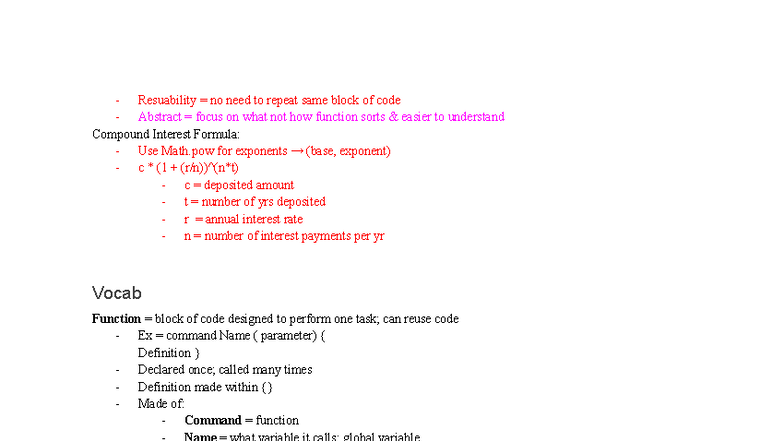 Comp Apps Pt 2 - Midterm Study Notes on Functions & Arrays - Studocu