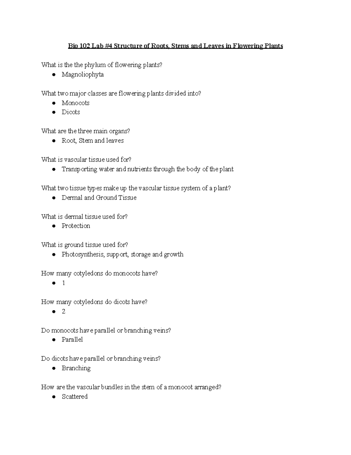 Bio 102 Lab #4 - Study Guide on Roots, Stems, and Leaves - Studocu