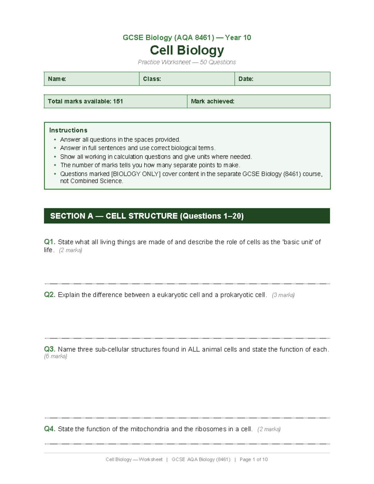 GCSE Biology (AQA 8461) Year 10 Cell Biology Practice Worksheet - Studocu