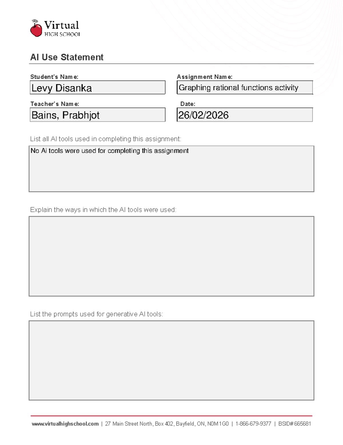 AI Use Statement: Levy Disanka's Graphing Rational Functions Activity ...