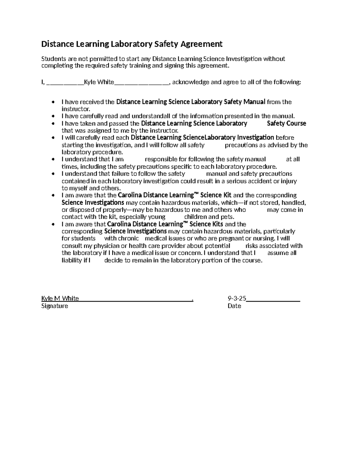 CHM 101L Distance Learning Lab Safety Agreement and Acknowledgment ...