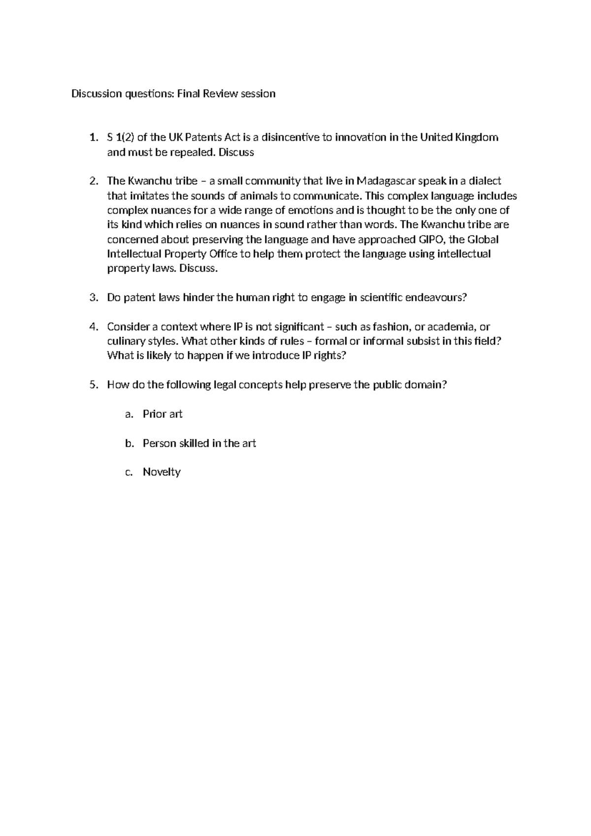 Essay Planning and Discussion Questions: Final Review Session 1 - Studocu