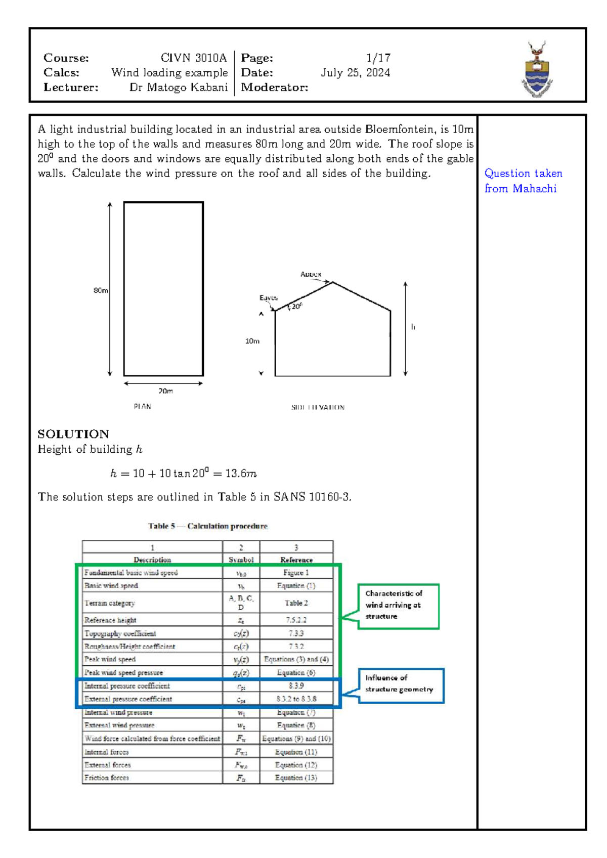 CIVN 3010A Wind Load Calculation Worked Example by Dr. Kabani - Studocu