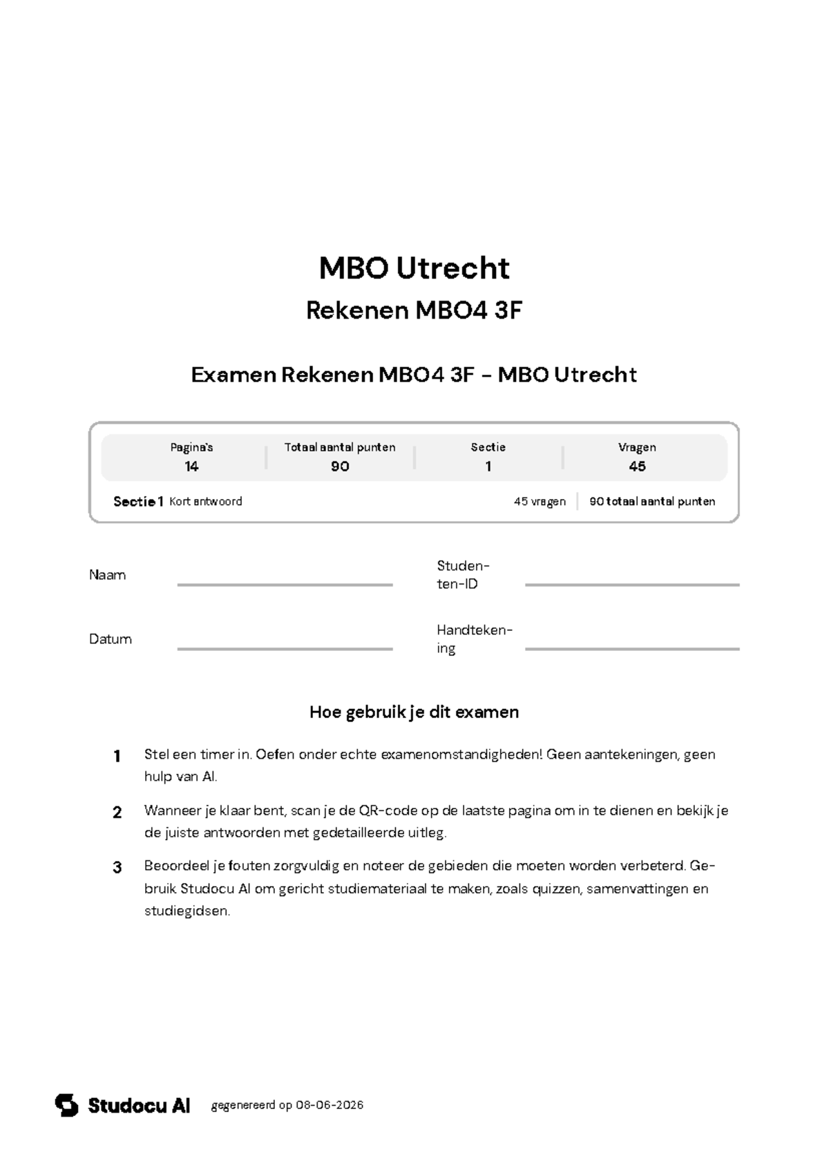 Examen Rekenen MBO4 3F - MBO Utrecht - Studeersnel