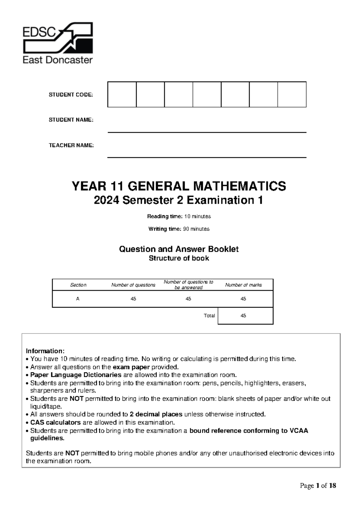 2024 Year 11 General Mathematics Sem 2 Exam 1 Guide - Studocu