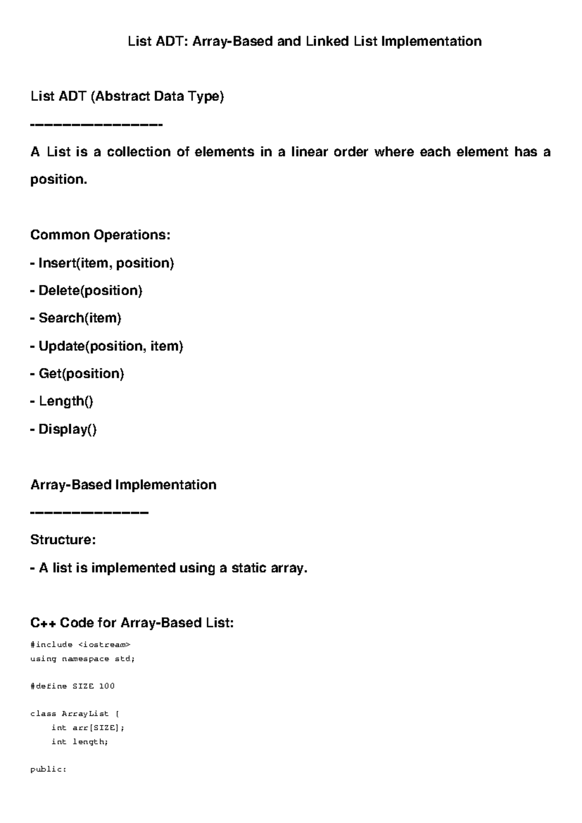 List ADT & Linked List Implementation in C++ - ADT - Studocu