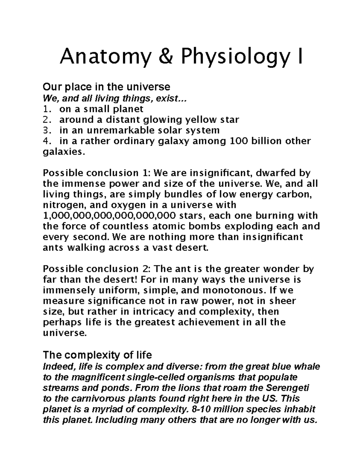 Lecture 1 Notes - Anatomy & Physiology I Our place in the universe We ...