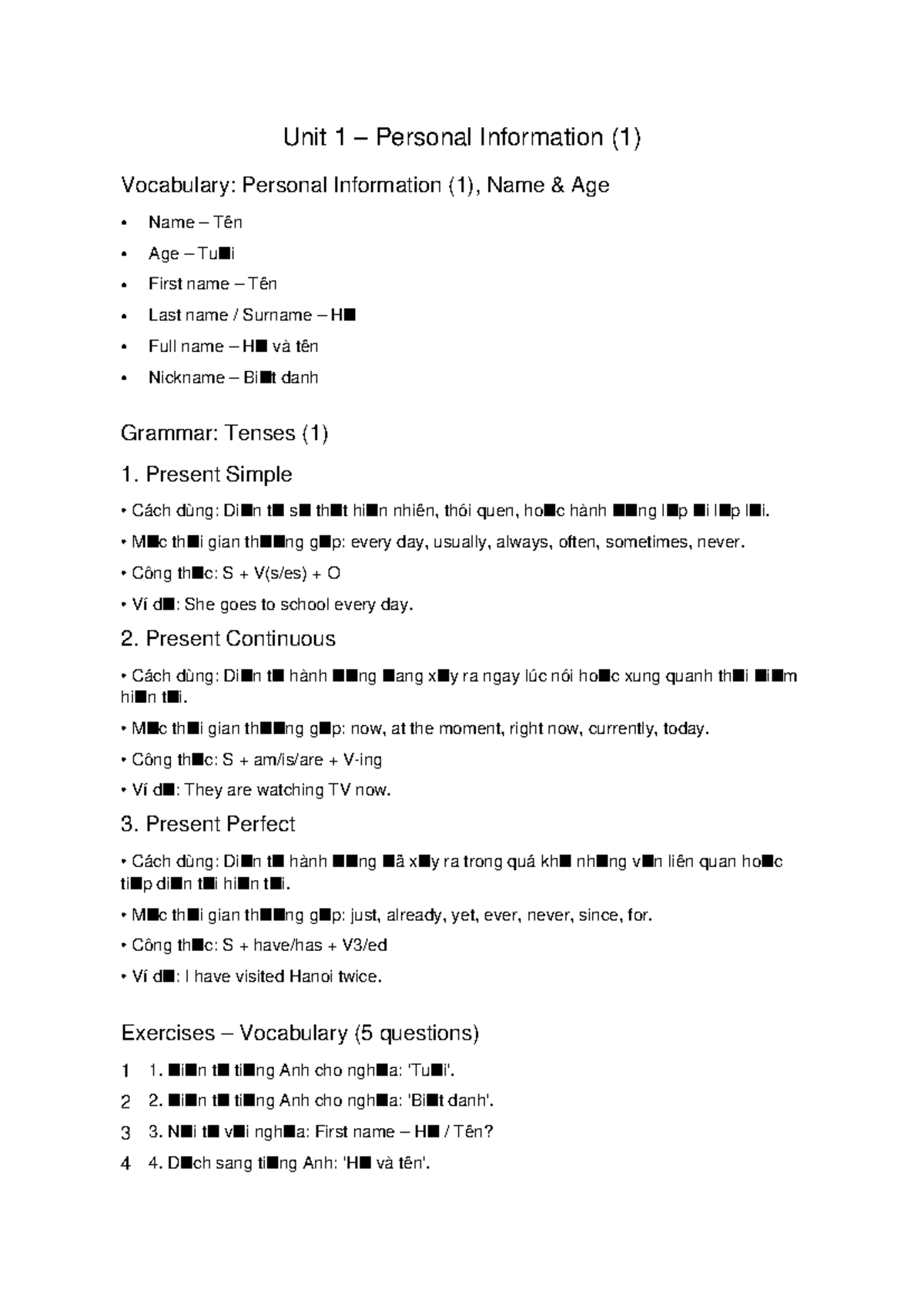 Unit 1 – Personal Information Vocabulary & Grammar Notes - Studocu