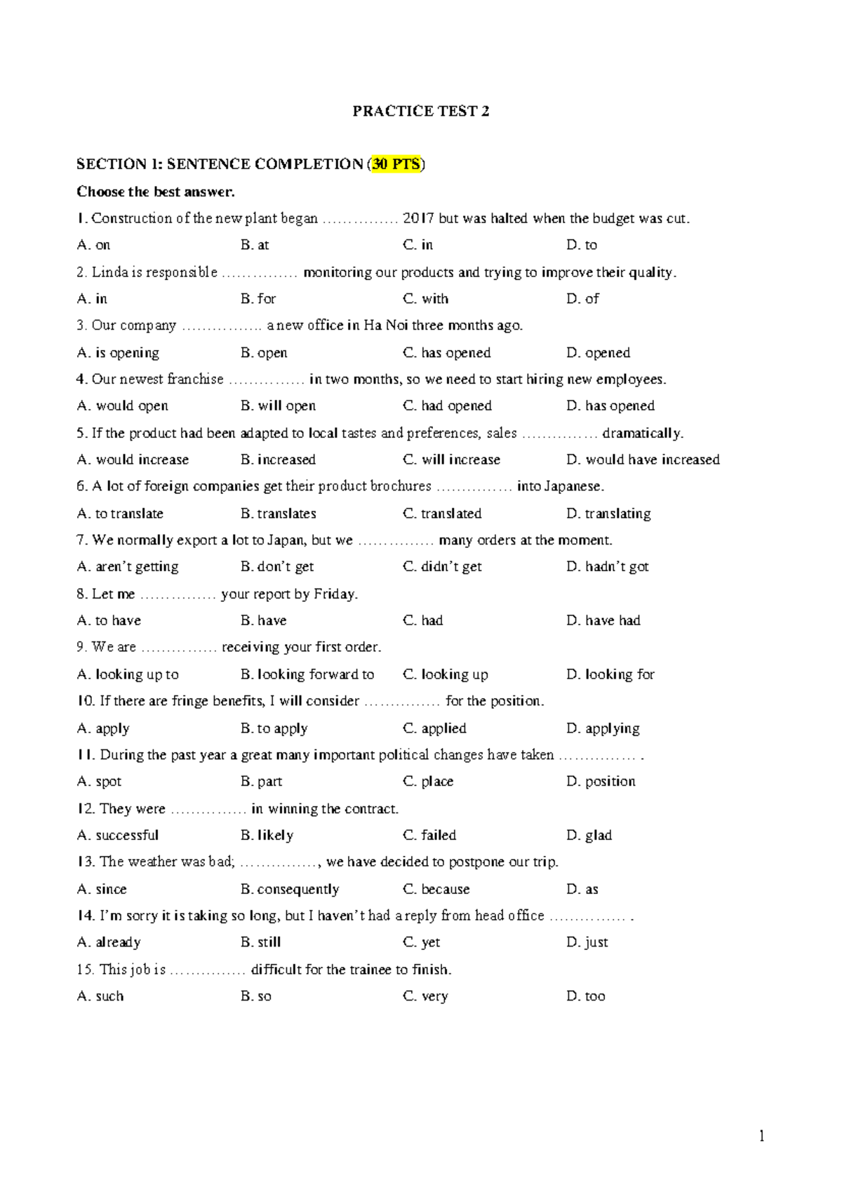 Practice Test 2 (2025): Sentence Completion, Error Detection & Writing ...