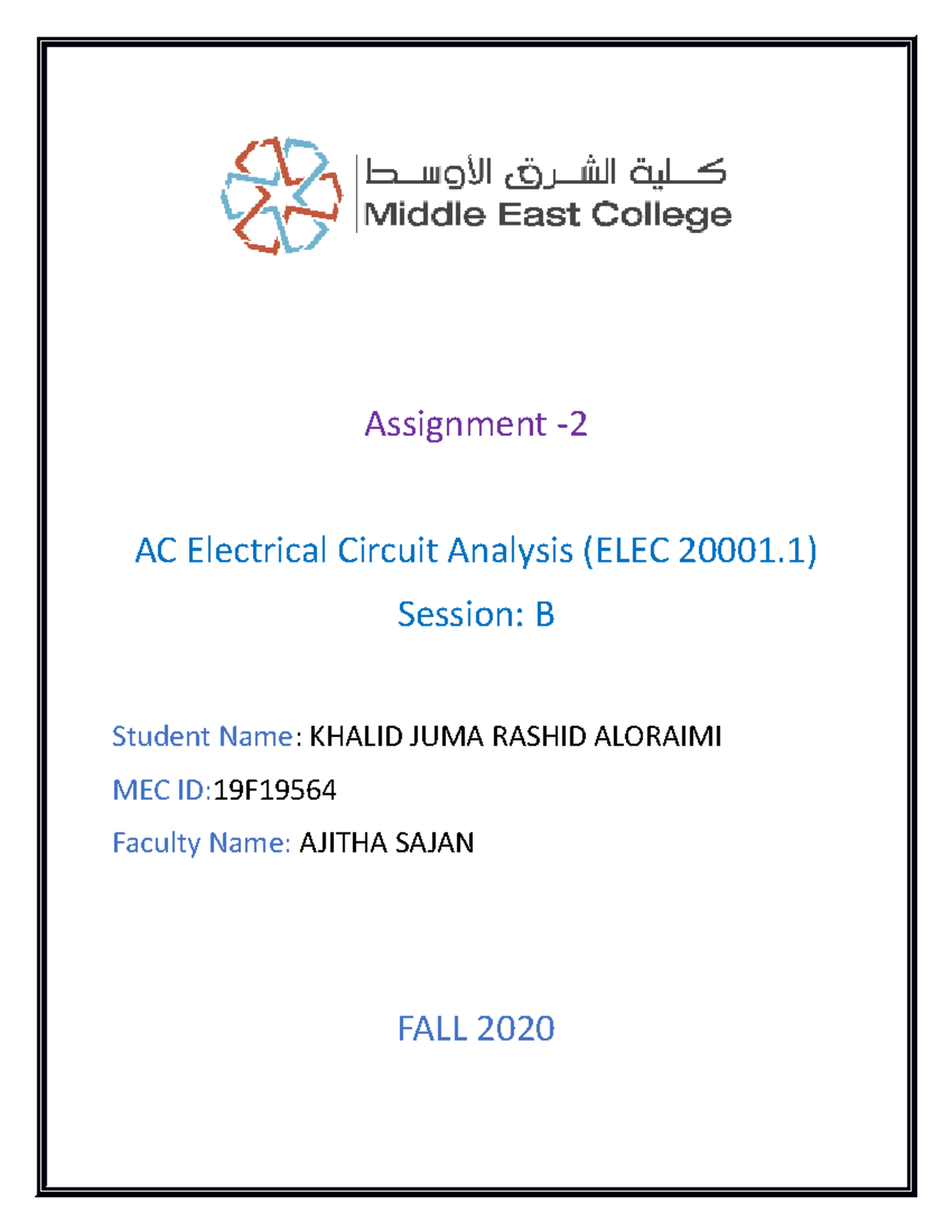 Ass 01 - Assignment - Assignment - AC Electrical Circuit Analysis (ELEC ...