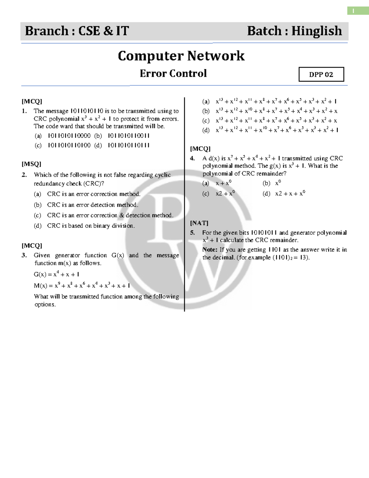 Error Control DPP 02: Computer Networks Lecture 05 Notes - Studocu
