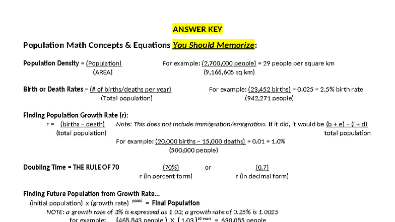Population Math Concepts: Key Equations & Answers (Population) - Studocu