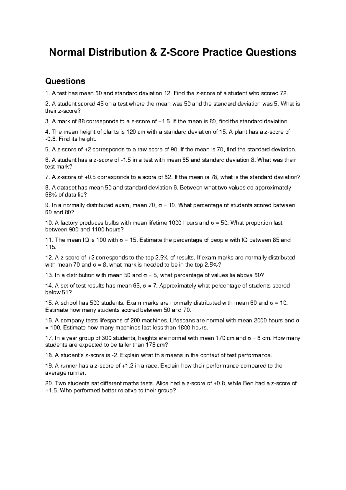 Normal Distribution Z-Score Practice Questions - Studocu