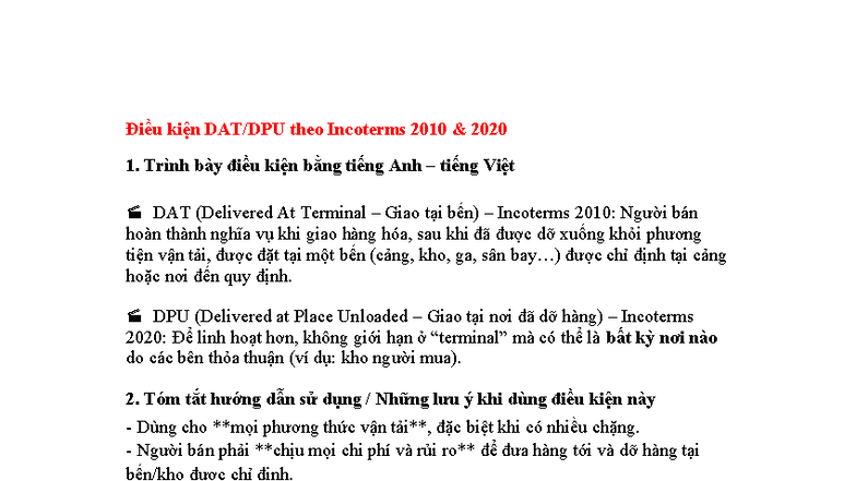 Điều kiện DAT, DPU, DAP, DDP theo Incoterms 2010-2020 - Studocu