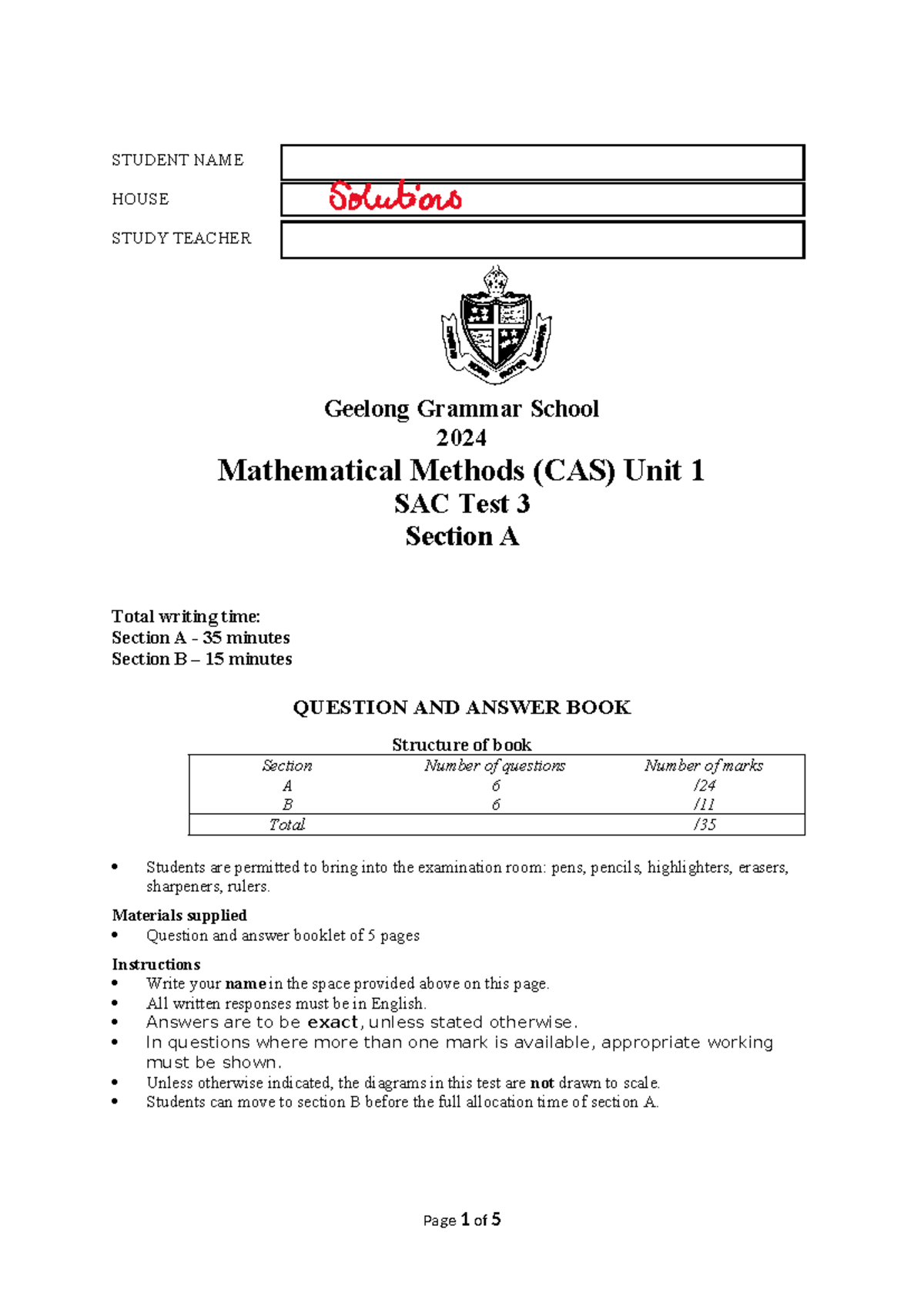 2024 11MMT Unit 1 SAC Test 3 Section A Solutions - Studocu