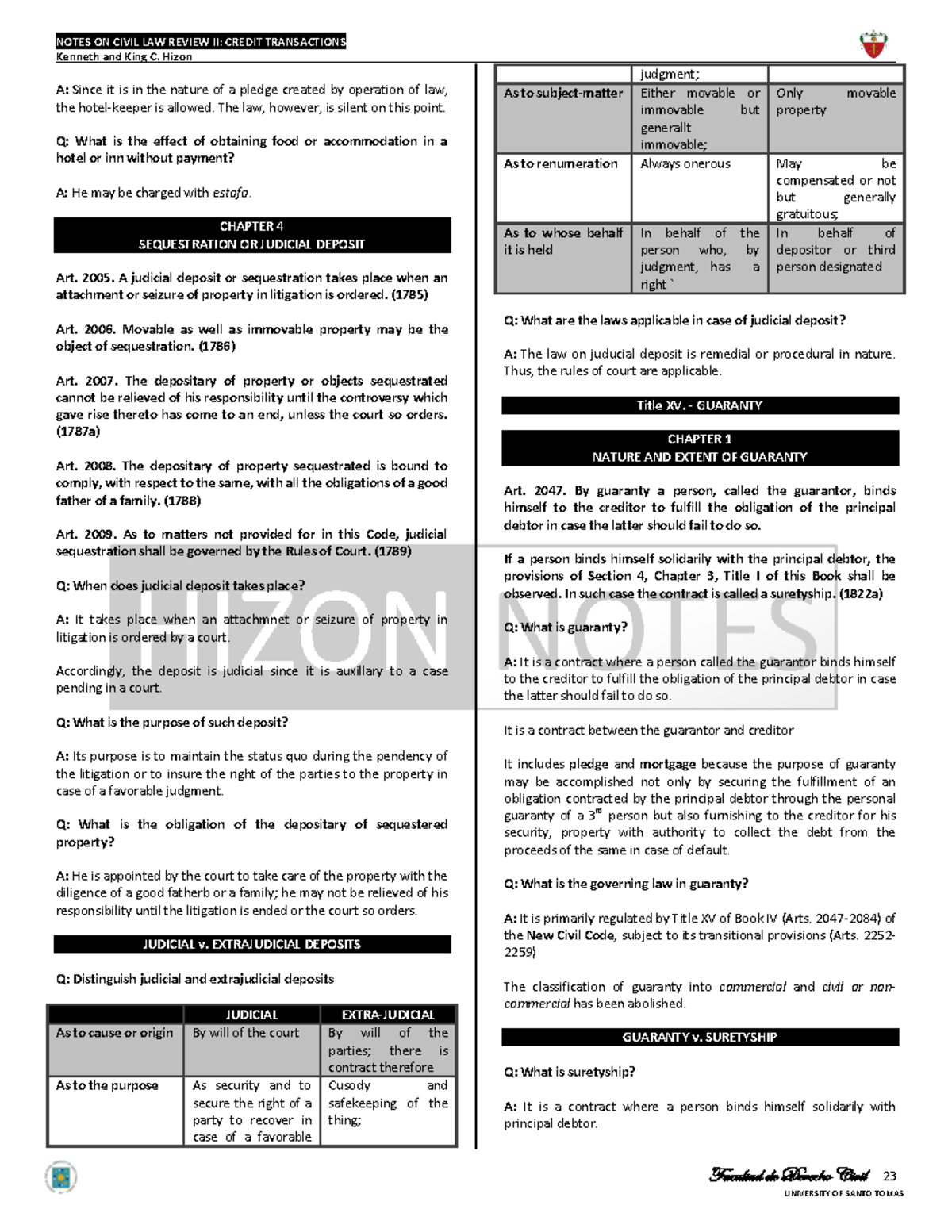 Notes on civil law review II: Credit transactions (Hizon) - Studocu