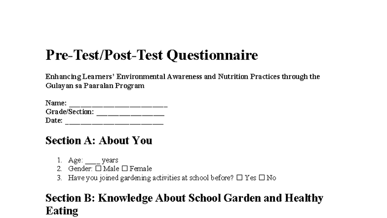 AR Questionnaire - none - Pre-Test/Post-Test Questionnaire Enhancing ...