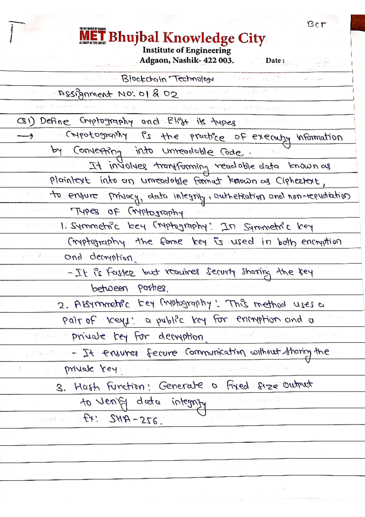 BCT 01 - Comprehensive Notes on Cryptography & Blockchain Concepts ...