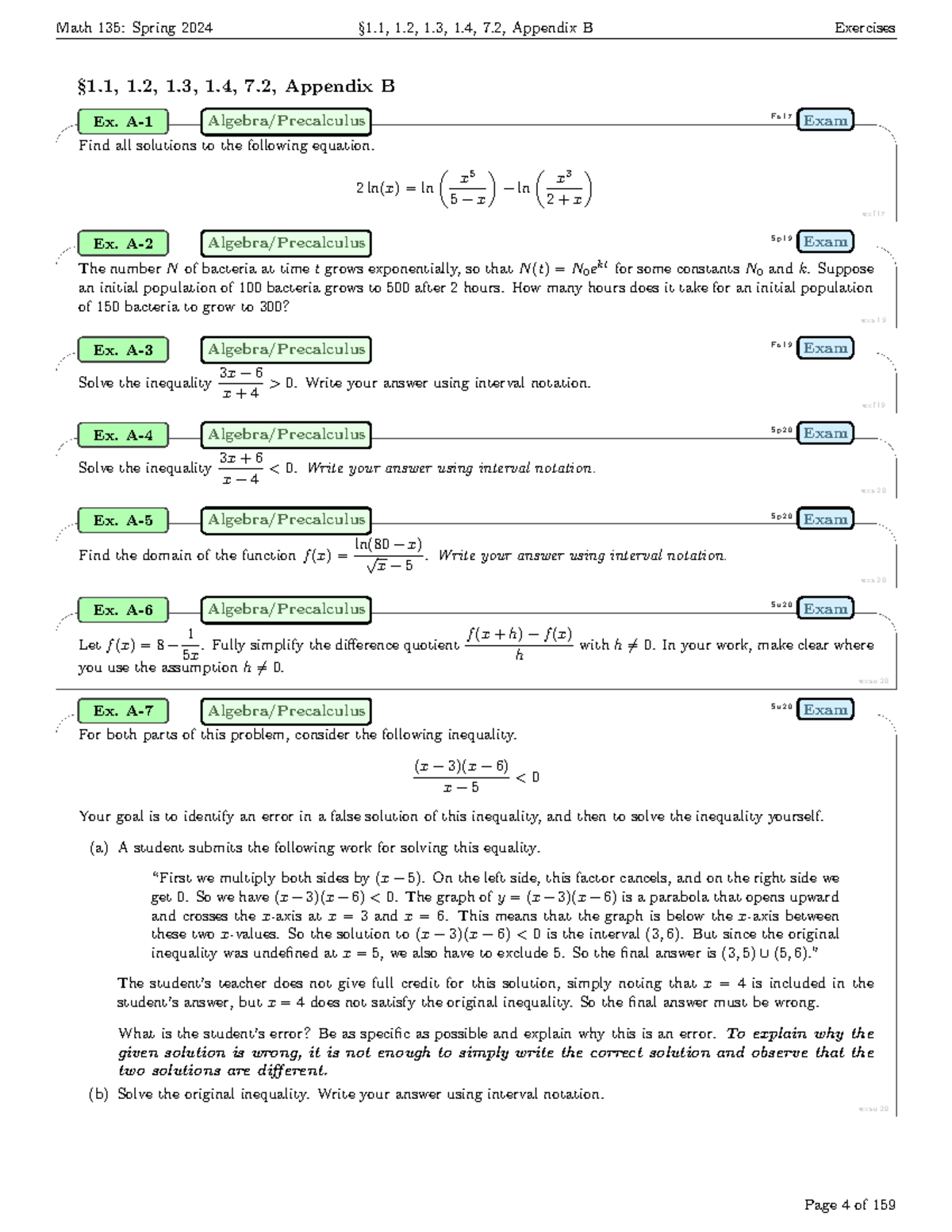 Math 135: Spring 2024 Exam Exercises 1.2, 1.3, 1.4, 7.2, Appendix B ...
