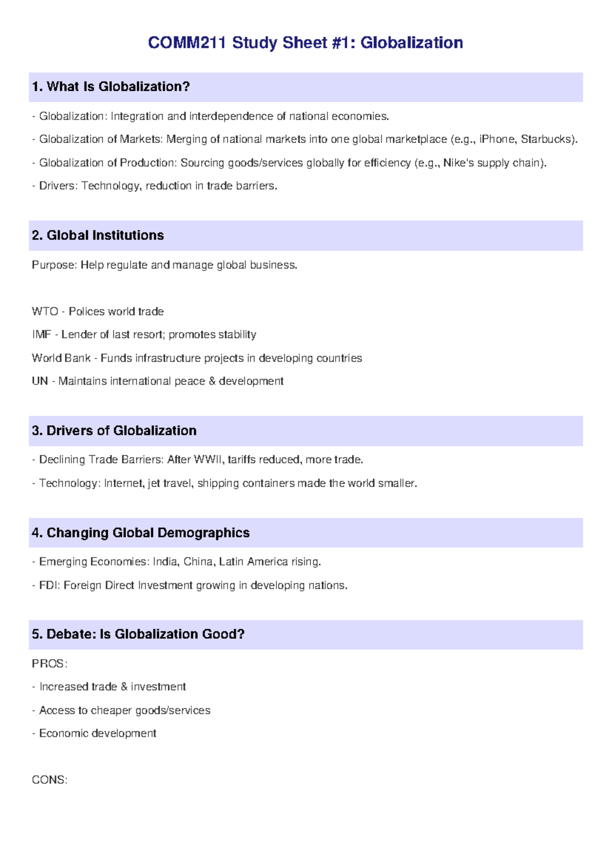 COMM211 Study Sheet 1: Key Concepts of Globalization and Its Impacts ...