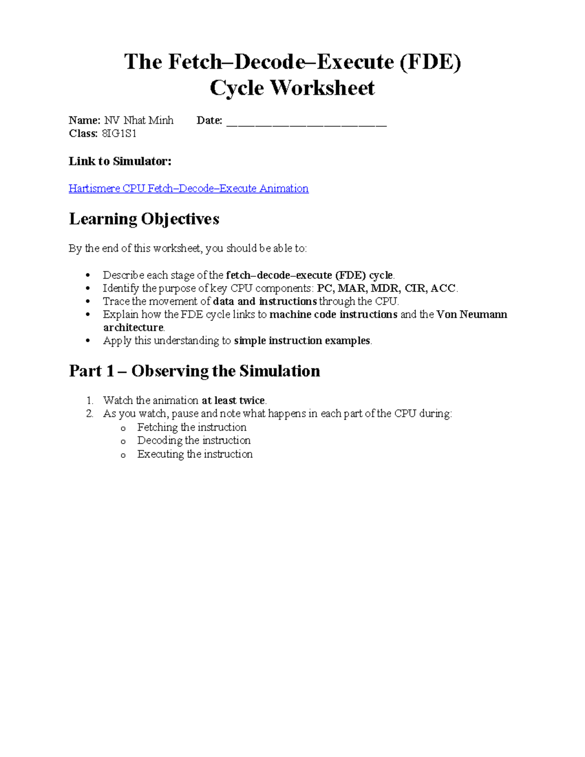 FDE Cycle Worksheet (Class 8IG1S1) - Understanding CPU Operations - Studocu
