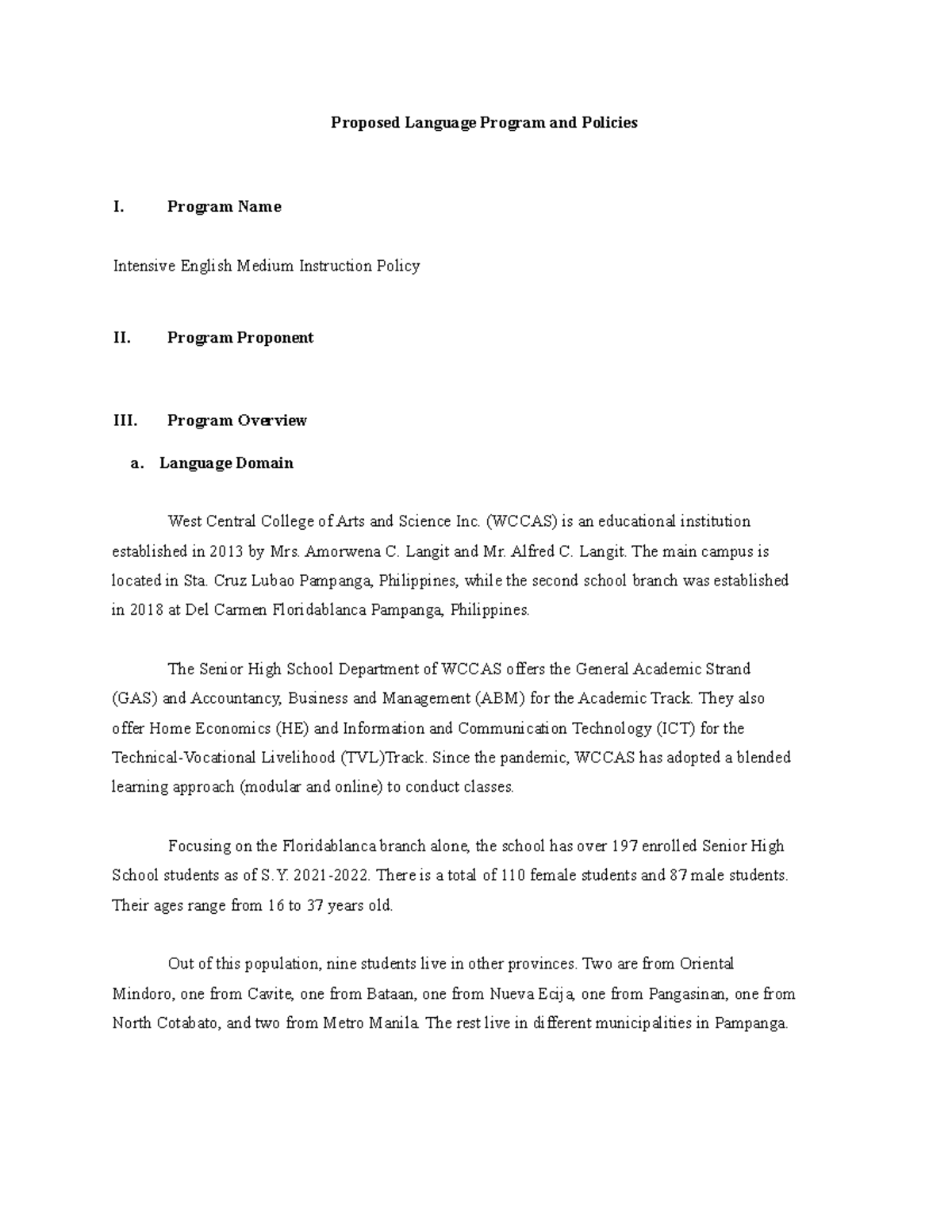 Proposed Language Policy for Intensive English Medium Instruction ...
