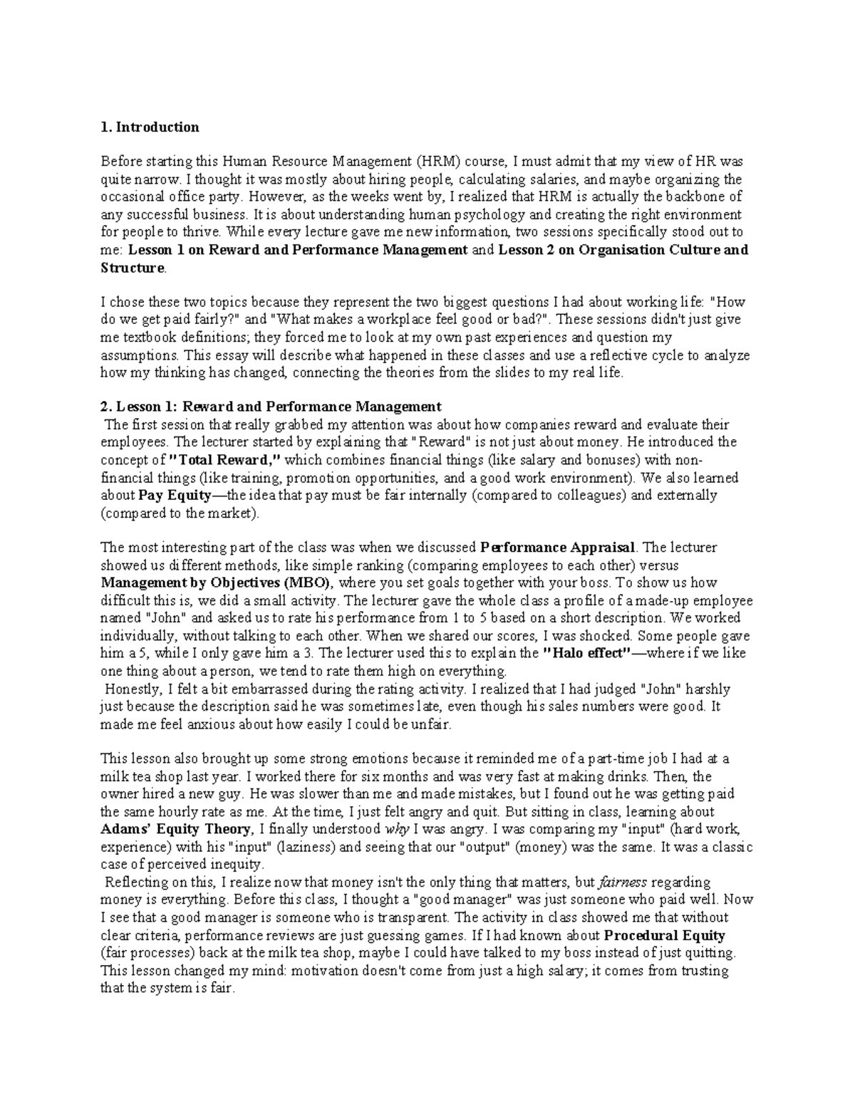 HRM 101: Reflective Essay on Reward & Performance Management - Studocu