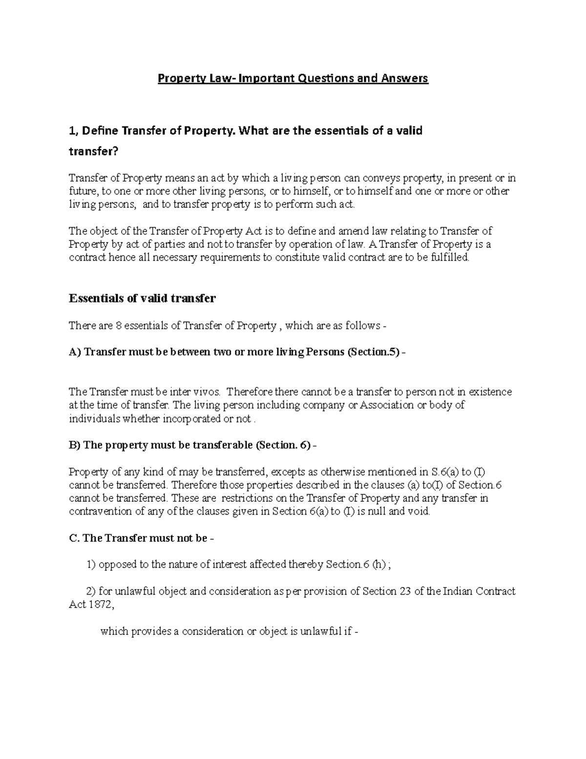 6th sem property law important questions with answer - KSLU - Studocu