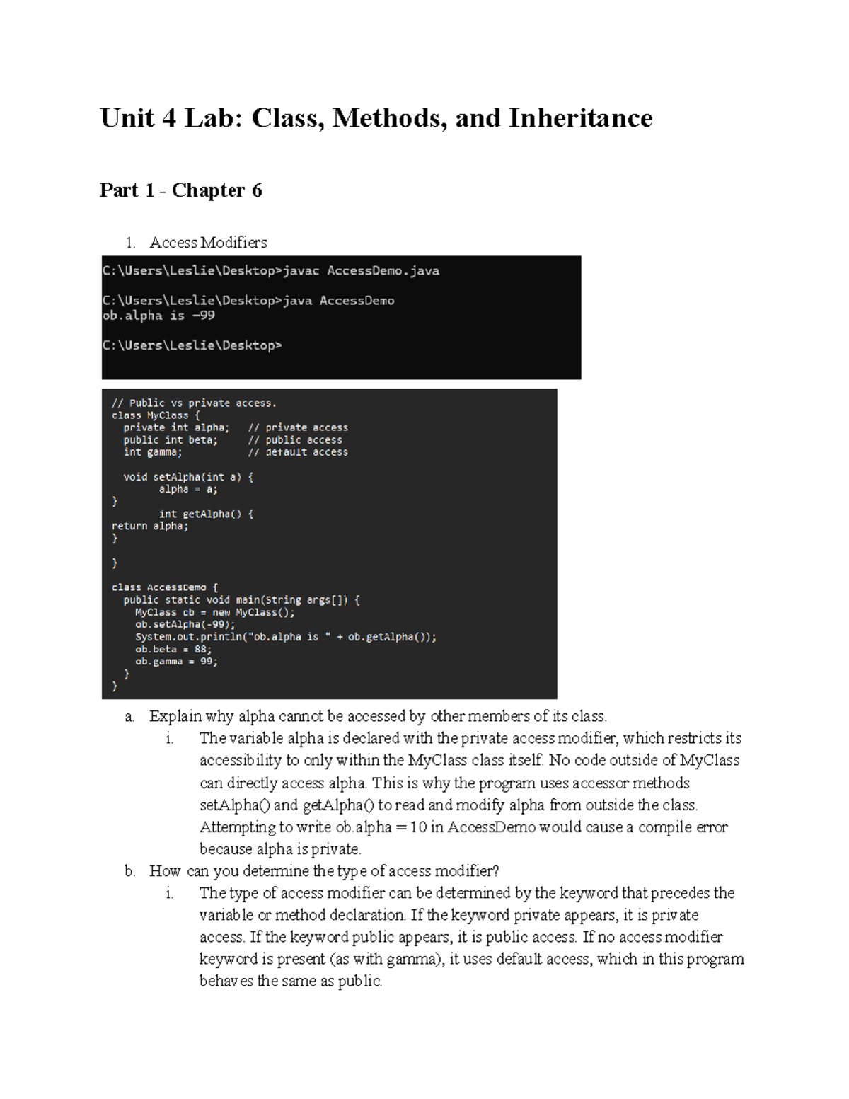 Unit 4 Lab: Class, Methods, and Inheritance Overview - Studocu