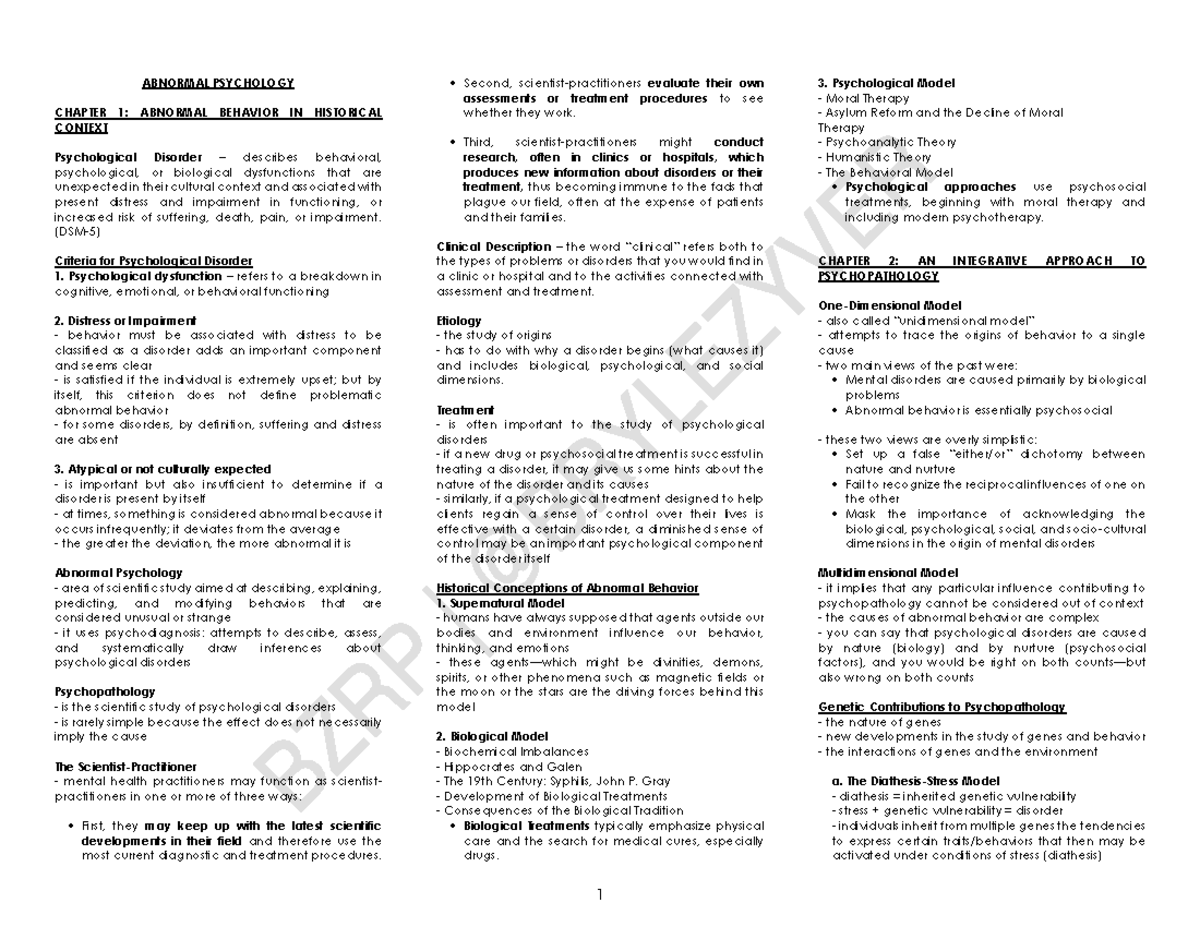Abnormal Psychology Lecture Notes - ABNORMAL PSYCHOLOGY CHAPTER 1 ...